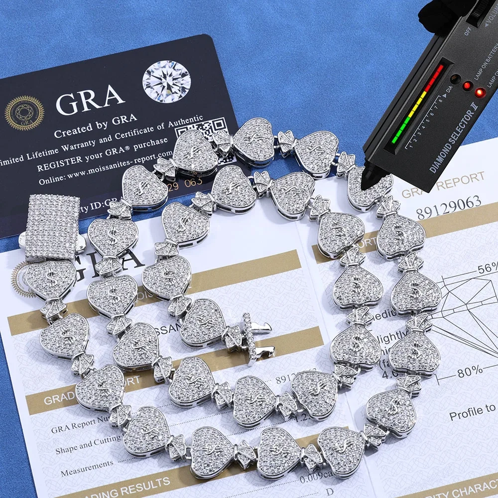 100% Pass Diamond Test Moissanite Money Bag Cuban Chain 925 Sterling Silver VVS Diamond Iced Out Women $ Sign Necklace Gift