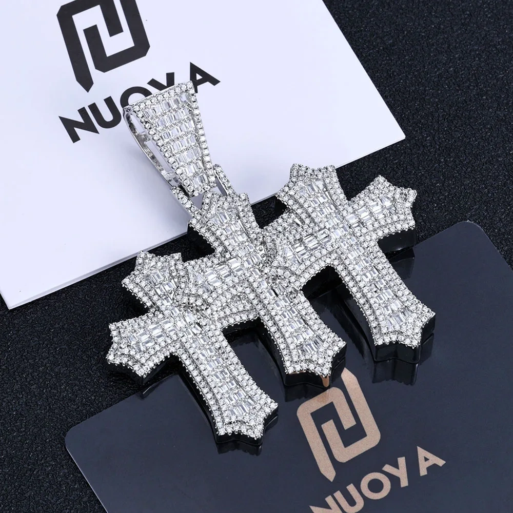 ESKEEM High Quality 3-in-1 Micro Pave Bling Baguette Cubic Zirconia Cross Pendant Silver Gold Plated Brass Diamond Charm Pendant