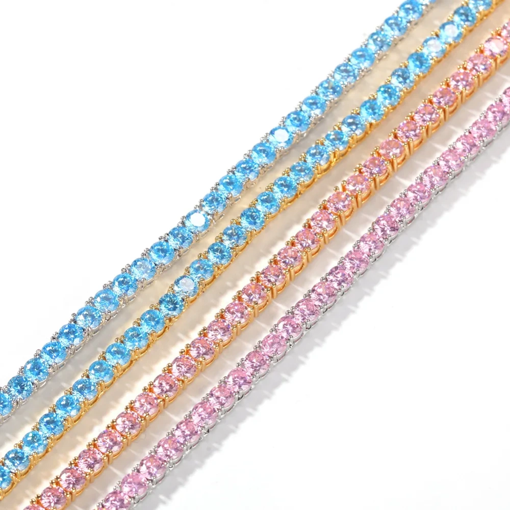 Hip Hop Bling Iced Out Tennis Chain Mens Women 4mm 1 Rows Custom Green Pink Jewelry Cubic  Zirconia Tennis Chain Necklace