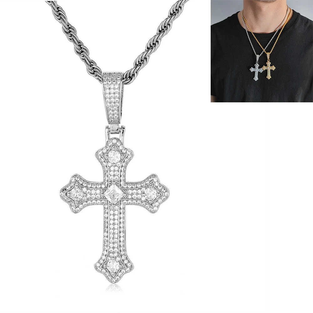 Hip Hop Jewelry Charm Women Cross Christian Jesus Bling Iced Out Copper Zircon Color Pendant Necklace