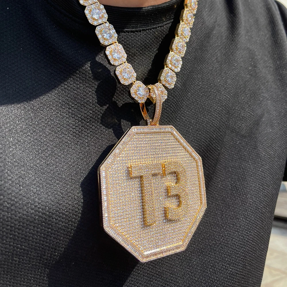 Hip Hop Custom Letter Name Logo Pendant Necklace with Zircon Diamond Polygonal Personality Exaggerated Medal
