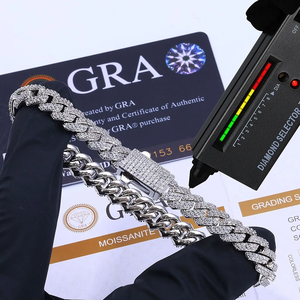 ESKEEM 8mm Moissanite Cuban Chain Shining Brightly D Color VVS 925 Silver Sterling Moissanite Cuban Necklace Hip Hop Jewelry