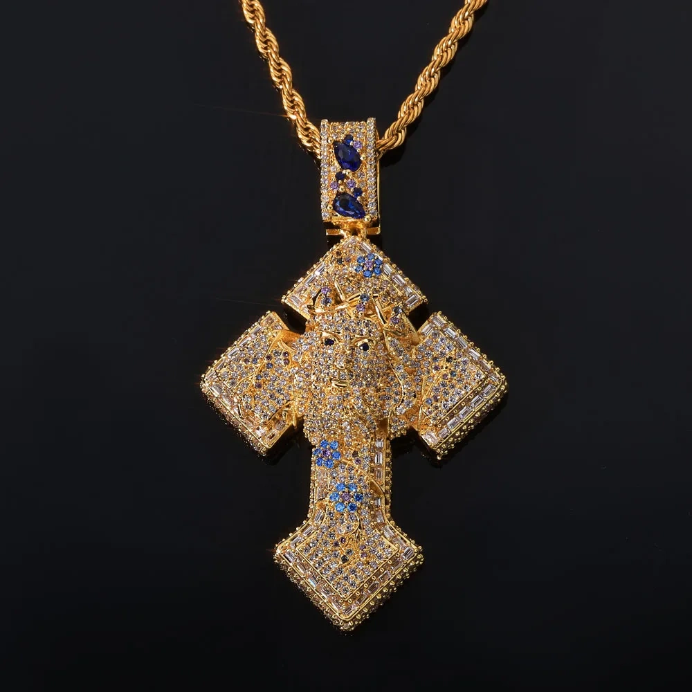 ESKEEM Micro Paved Barbed Wire Iced Jesus Cross Pendant Hip Hop Men Colorful Jesus Head with Vine Cross Charm Necklace