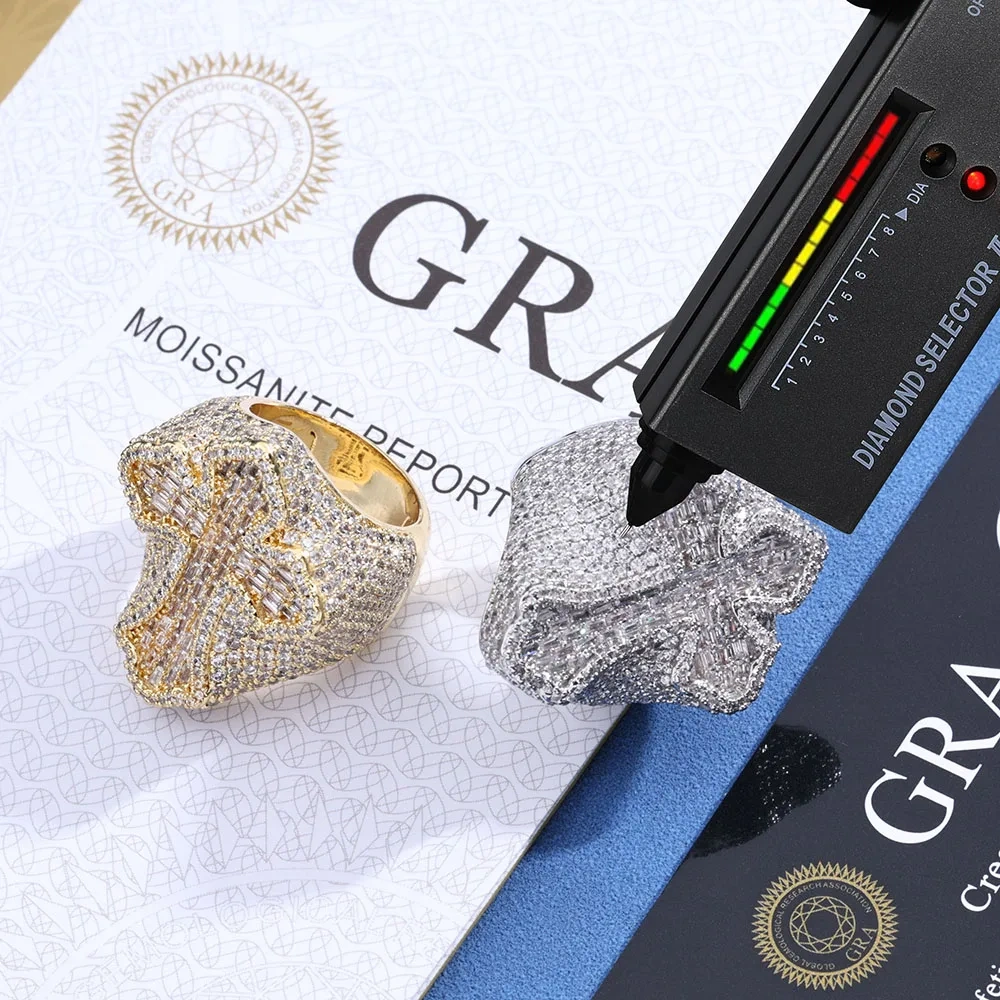 ESKEEM Hot Selling GRA Certificate High Quality 925 Silver Fine Jewelry Iced Out Hip Hop Ring Cross Moissanite Men Rings