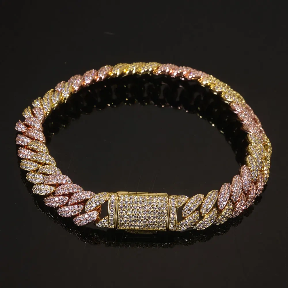 Hip Hop 10mm Iced Out Cuban Chain Bracelet Fine Jewelry Rose Gold Plated Two Color Cuban Link Necklace Women Birthday Gift