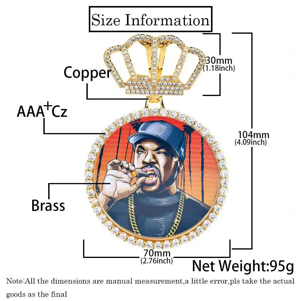 Hip Hop Jewelry New Arrival Crown Hook Custom Photo Pendant Memory Gift 70MM Big Round Custom Picture Pendant Necklace