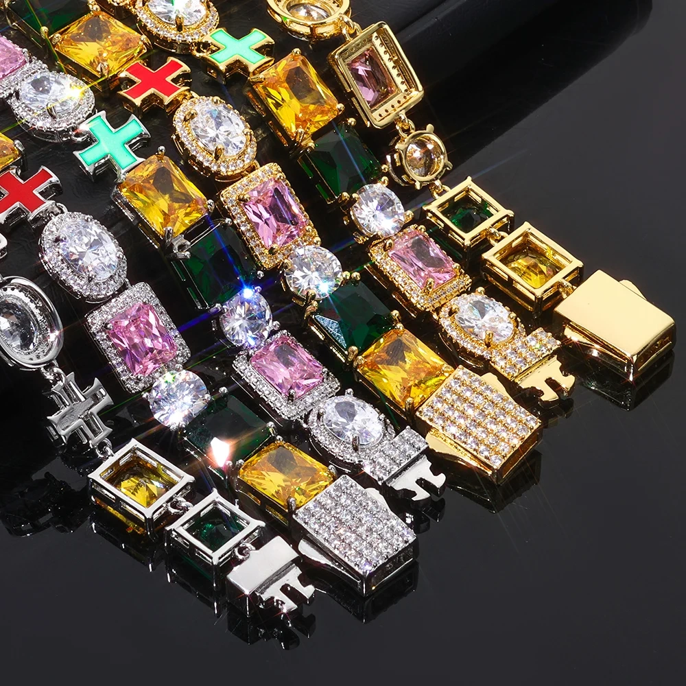 ESKEEM Hip Hop Jewelry Iced Out Multi Gemstone Bracelet Mixed Shape Rainbow Gems Cross Link Chain Fashion for Women Men