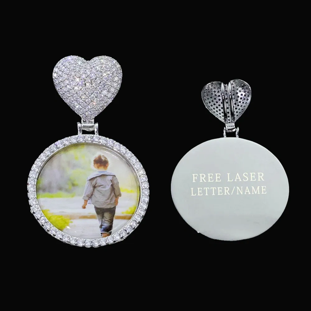 ESKEEM Custom Heart Bail Circle Chain Photo Pendant Necklace DIY Iced Out 35mm Photo Frame Pendant Hip Hop Necklace Jewelry