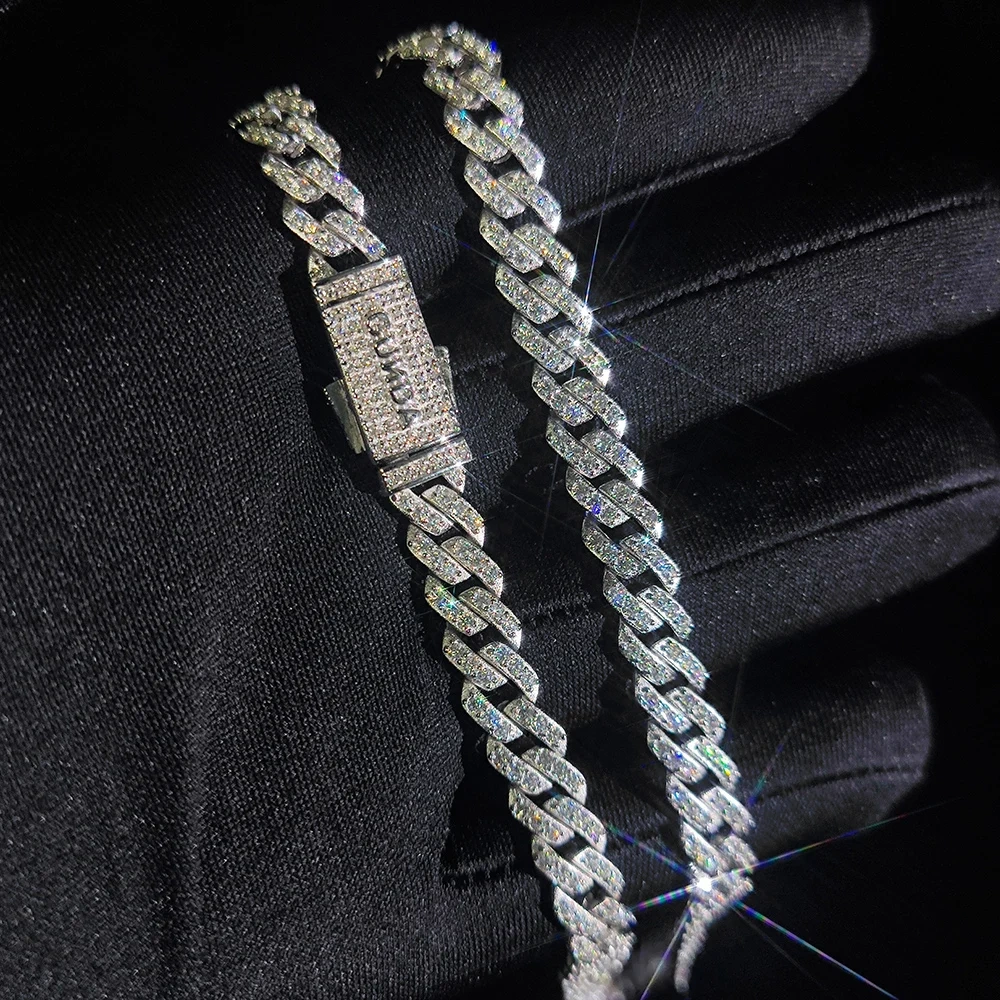 Custom Hip Hop Full Moissanite Cuban Chain Necklace For Women 8mm All VVS Diamond 925 Sterling Silver Bling Iced Out Jewelry