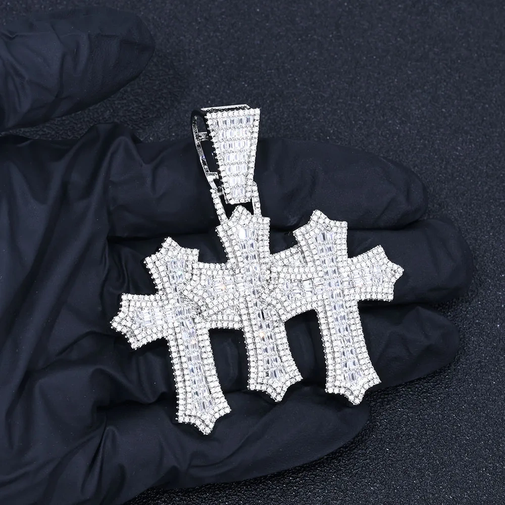 ESKEEM High Quality 3-in-1 Micro Pave Bling Baguette Cubic Zirconia Cross Pendant Silver Gold Plated Brass Diamond Charm Pendant