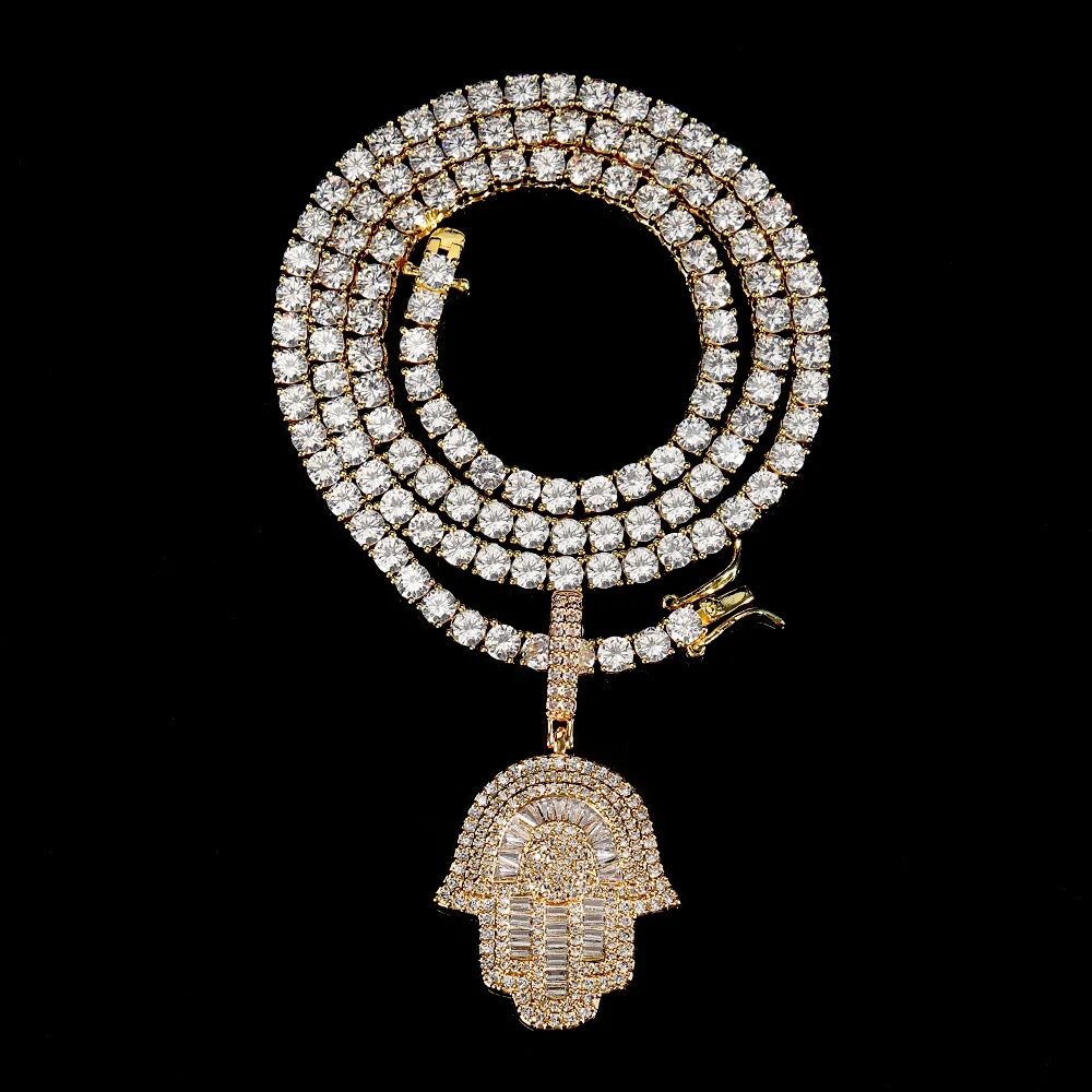 Hip Hop Jewelry Bling Iced Out 5A CZ Pave Hamsa Hand Fatima Pendant Necklace for Women Men With Tennis Chain Drop Shipping