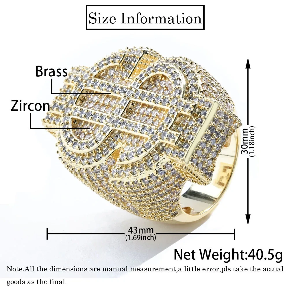 Hot Sale Custom Hip Hop Full Ice Out $Ring Copper With Zircon Money Big $ Sign Cut 18k Gold Plated Ring For Women Men