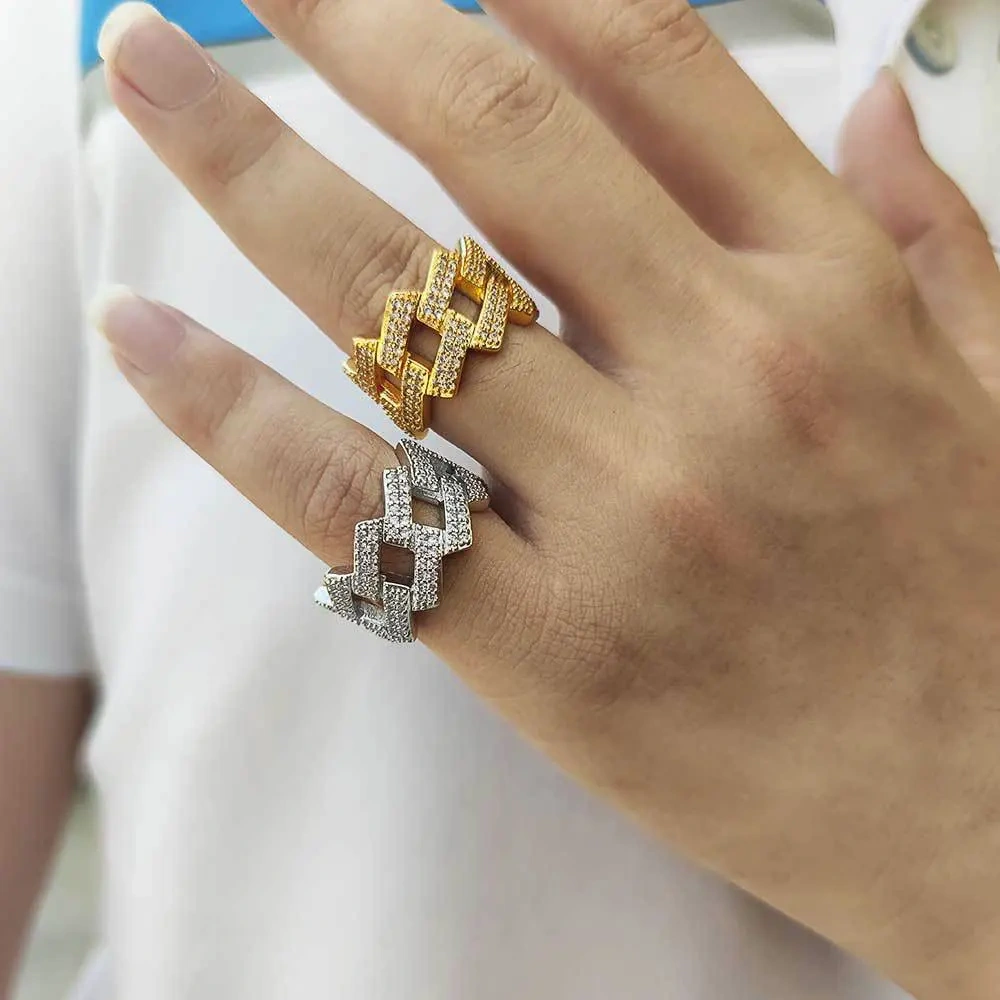 Hip Hop Fashion Iced Out For Men Brass Setting Cubic Zircon 14MM Cuban Ring Luxury Rhombus Jewelry