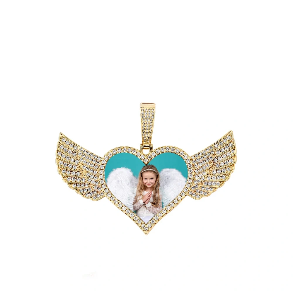 Customized Heart Photo Necklace Men and Women Hip Hop Personalized Wing heart Picture Pendant Iced Charm Free Custom Logo