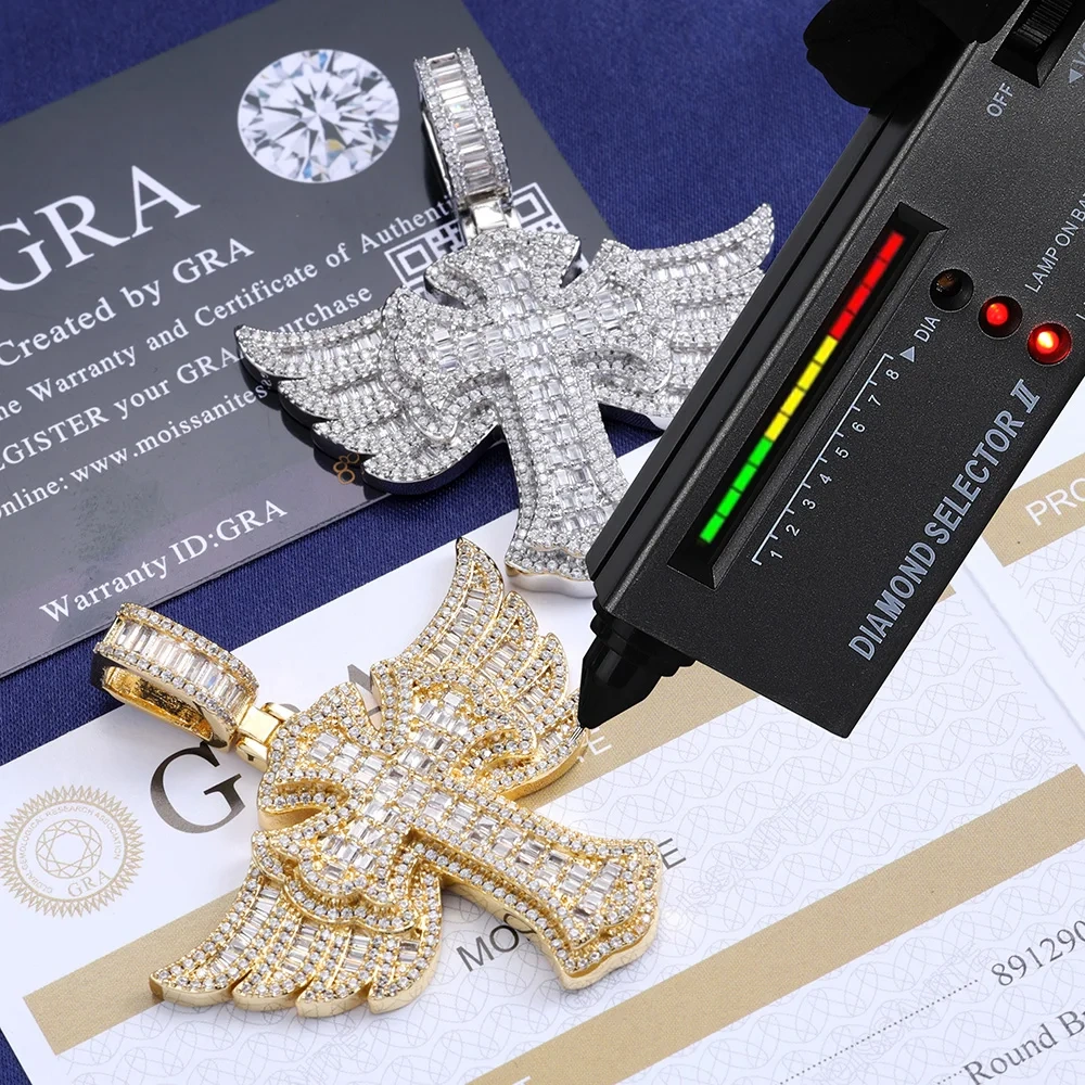 New 925 Sterling Silver Wings Cross Pendant Inlaid With VVS Moissanite Diamond Popular Hip-hop Cross Necklace Jewelry