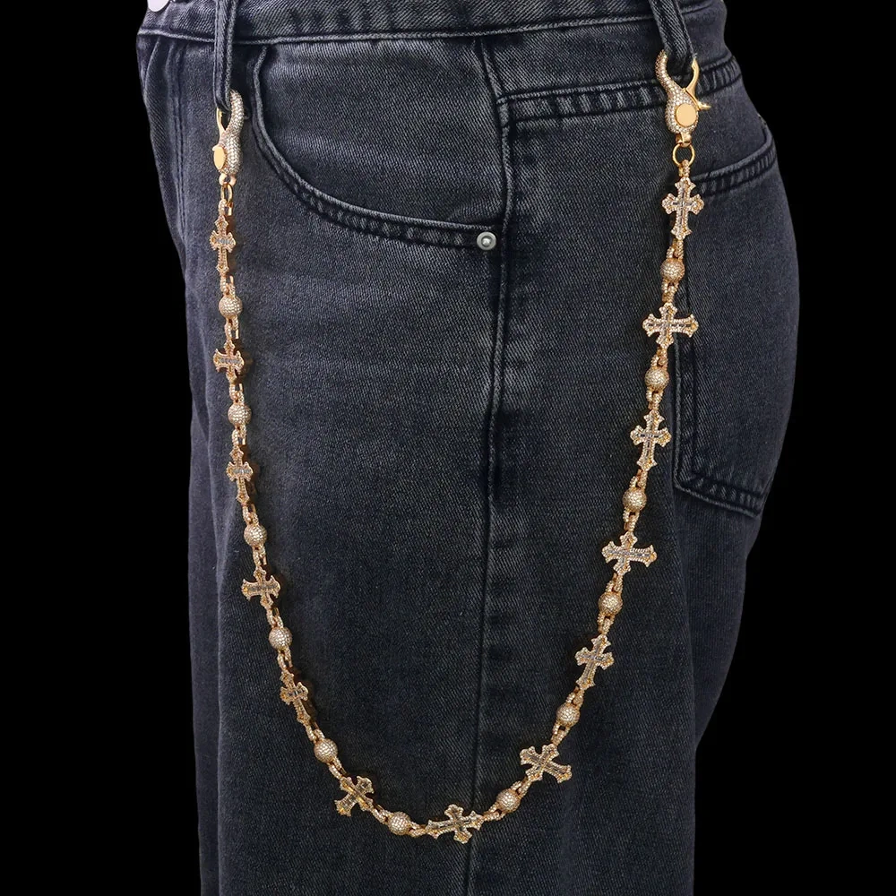 ESKEEM Iced Out Zircon Pants Chain 18MM Silver Plated Cross & Round Bead Design Bling Diamond Fine Jewelry