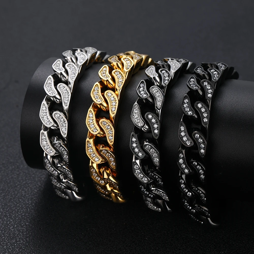 Hip Hop Rock Jewelry Miami Cuban Link Bracelet Stainless Steel CNC Inlaid Bling Ice Out PVD Plated Bracelet For Men