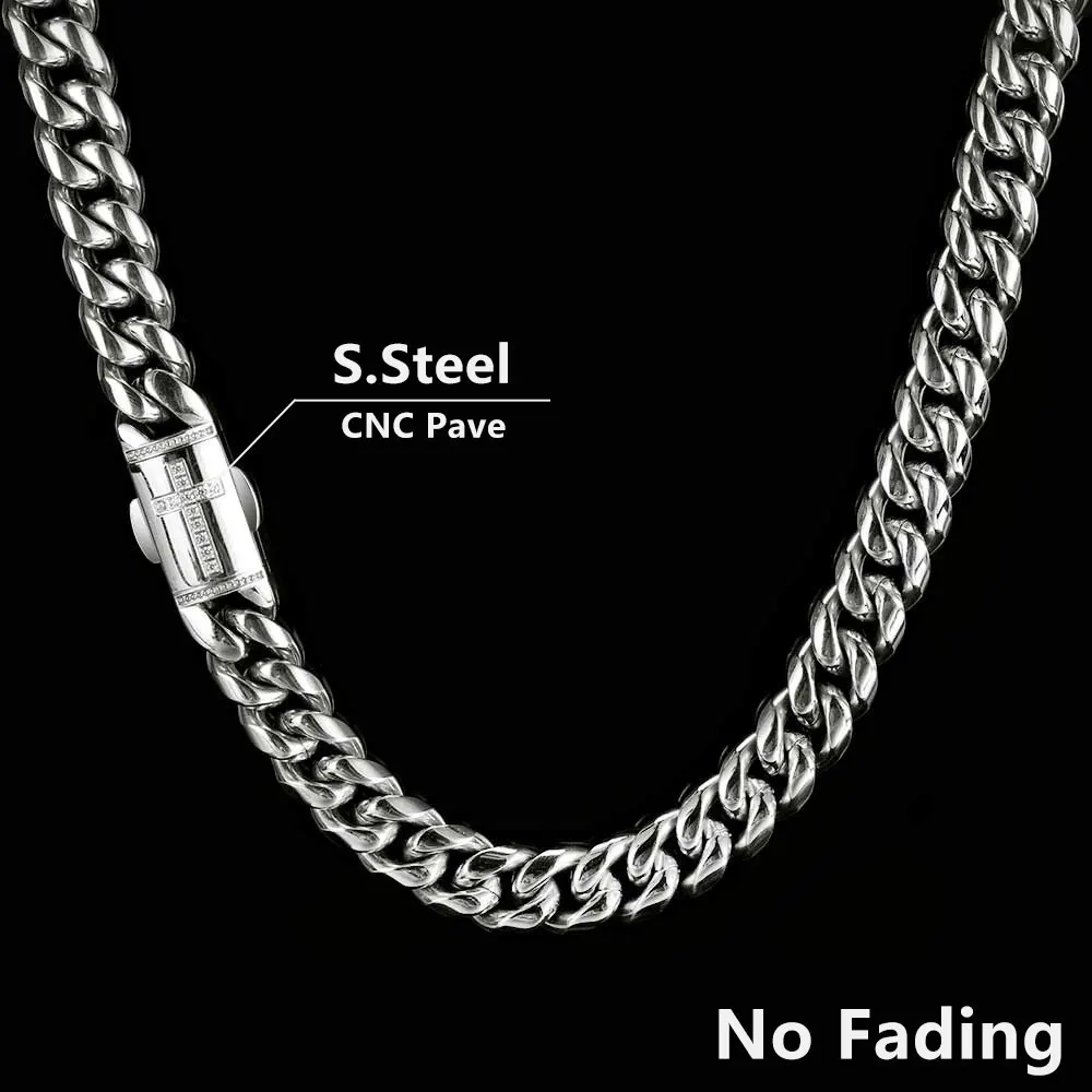 12mm Hip Hop Stainless Steel Jewelry Homme Cadena  Luxury Miami Cuban Link Chain Men Rapper Rock Necklace