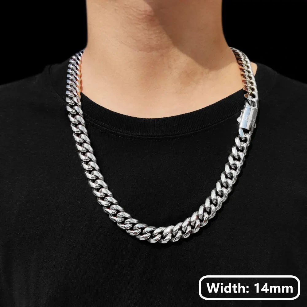 Hip Hop Stainless Steel Necklace 8/10/12/14MM Snap Clasp Men Miami Cuban Chain Necklace Jewelry For Girls Gift Free Laser Logo