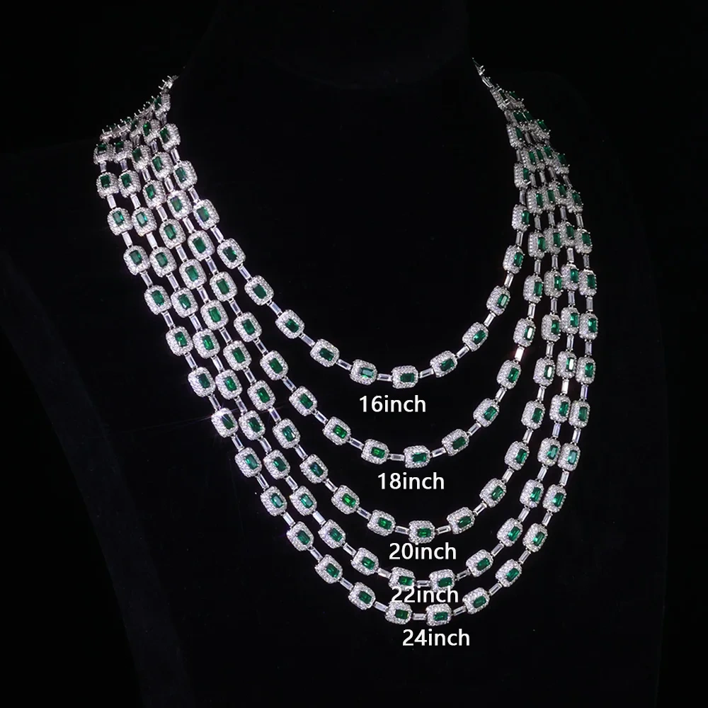 Hiphop Fashion Jewelry 7mm Sparkling White Gold Plated Green Baguette Diamond Chain Bracelet Brass Zircon Emerald Bracelet