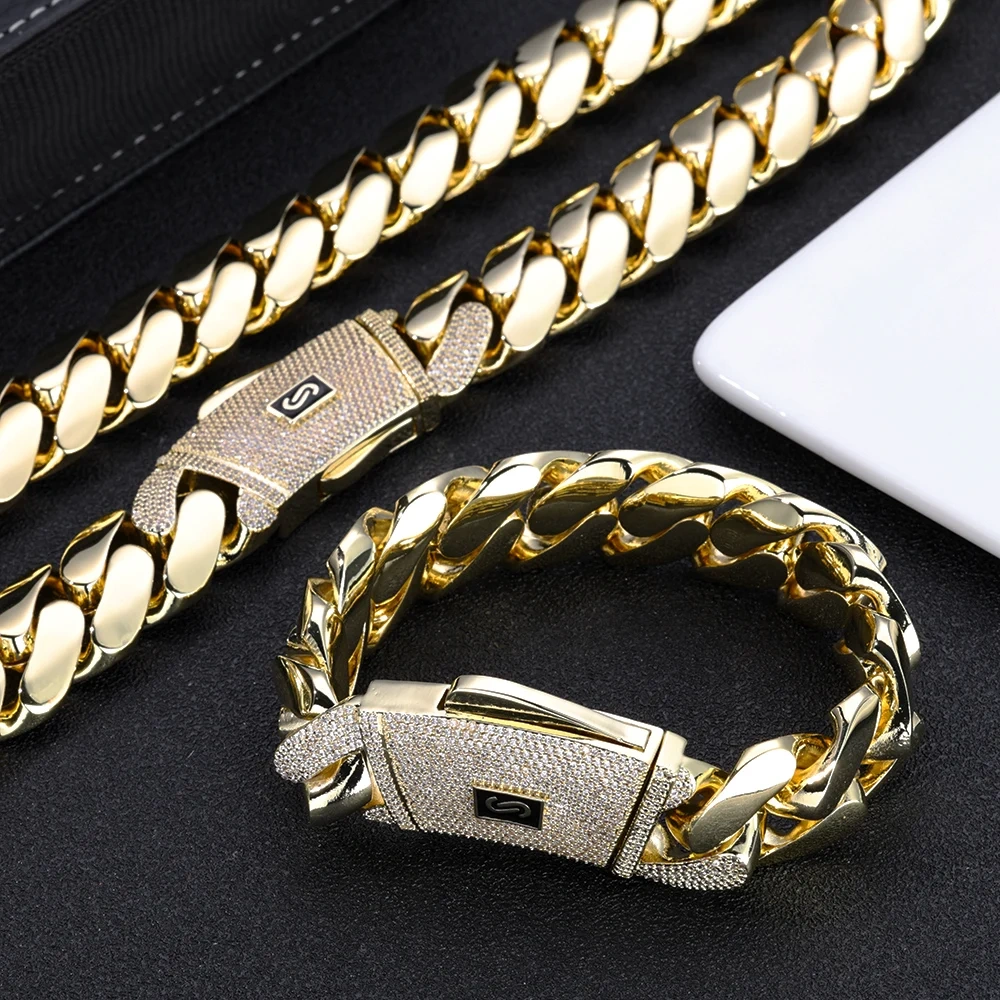 ESKEEM 14K Gold Plated Thick Solid Monaco Bracelet Hip Hop Jewelry Iced Diamond Clasp Flat Miami Cuban Bracelet Chrismas Gift