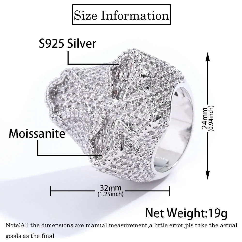 ESKEEM Hot Selling GRA Certificate High Quality 925 Silver Fine Jewelry Iced Out Hip Hop Ring Cross Moissanite Men Rings