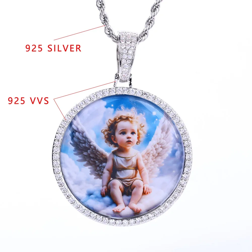 S925 VVS Photo Pendant Custom Moissanite Circle Chain Iced Picture Charm with Moissanite Tennis Necklaces Women Men Jewelry Gift