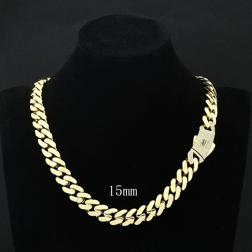 ESKEEM Iced Diamond Clasp Flat 12mm Miami Cuban Link Chain 14K Gold Plated Thick Solid Cuban Link Chain Hip Hop Jewelry for Men