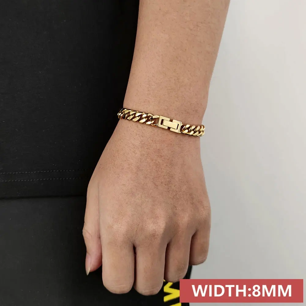 6/8/10/2/14/16MM Width Hip Hop Jewelry Miami Stainless Steel Rectangle Clasp Curb Cuban Link Bracelets For Men