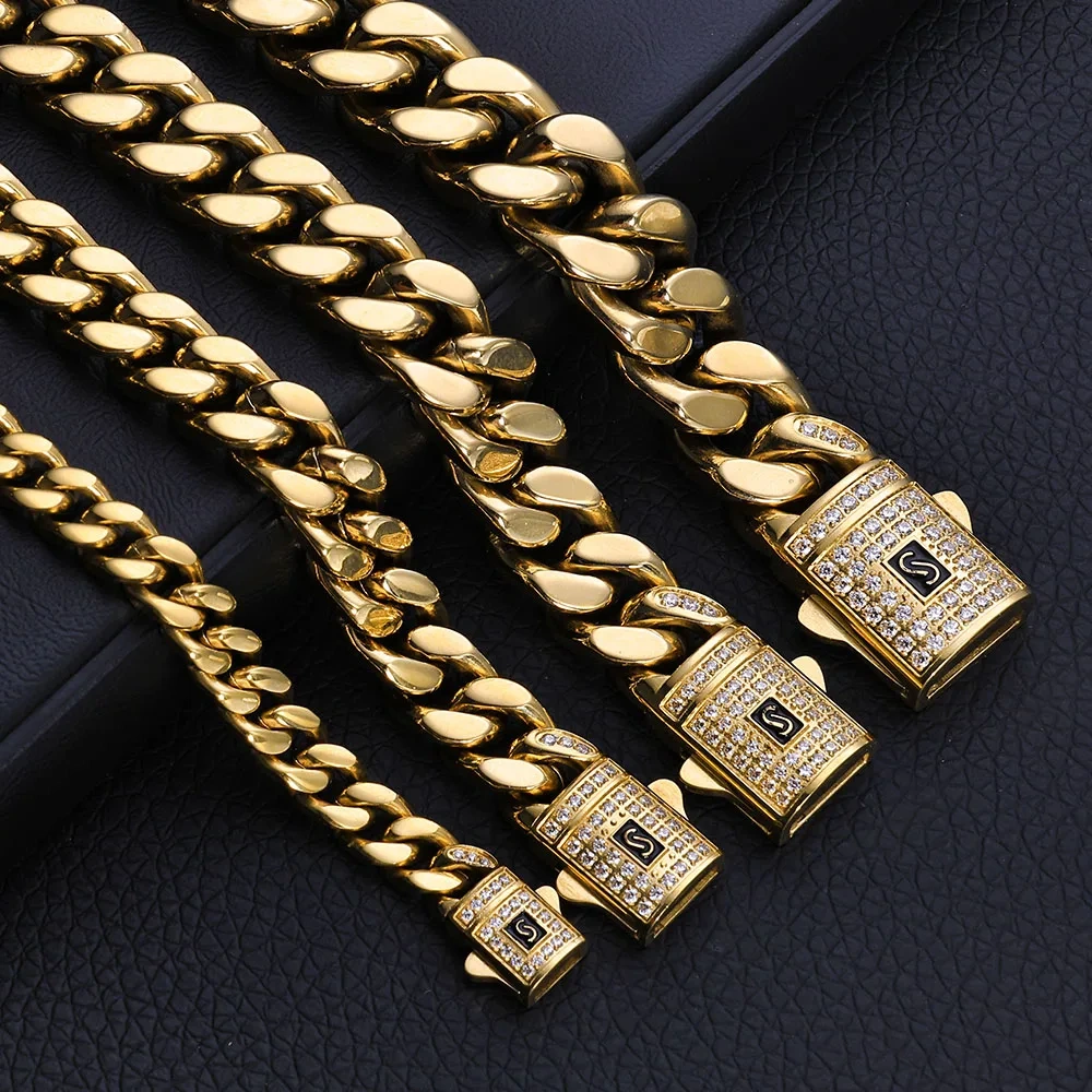 ESKEEM Hip Hop Monaco Bracelet PVD 14k Gold Plated Miami Cuban Link Chains 6/9/11/13MM Stainless Steel for Women And Men