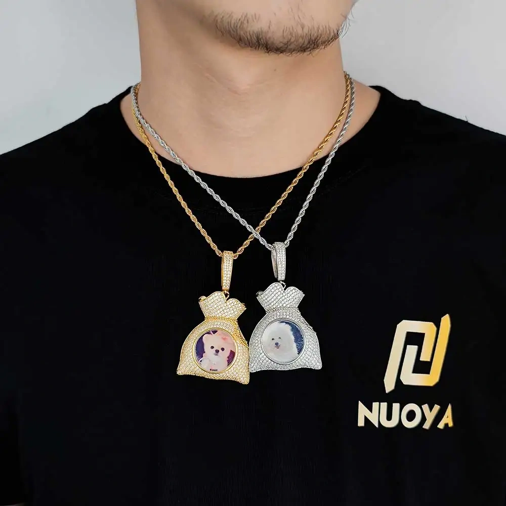 Custom Iced Out Bling Memory Photo Jewelry Money Bag Personalized Medallions Picture Necklace Hip Hop Pendant
