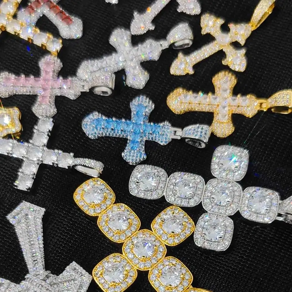 Hip Hop Jewelry Charm Women Cross Christian Jesus Bling Iced Out Copper Zircon Color Pendant Necklace