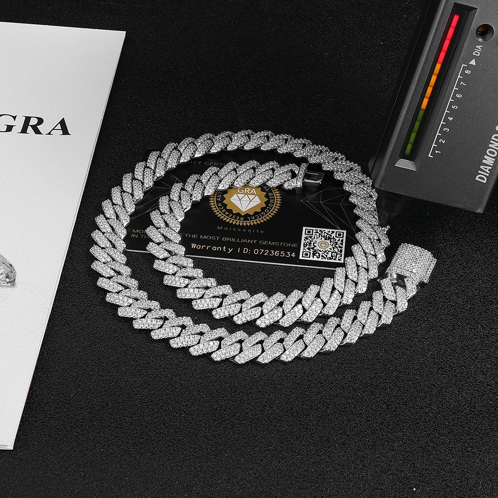 Hip Hop 14mm 2 Rows Diamond Cuban Necklace With Micro Moissanite S925 Sterling Silver Men's Cuban Link Chain VVS Jewelry