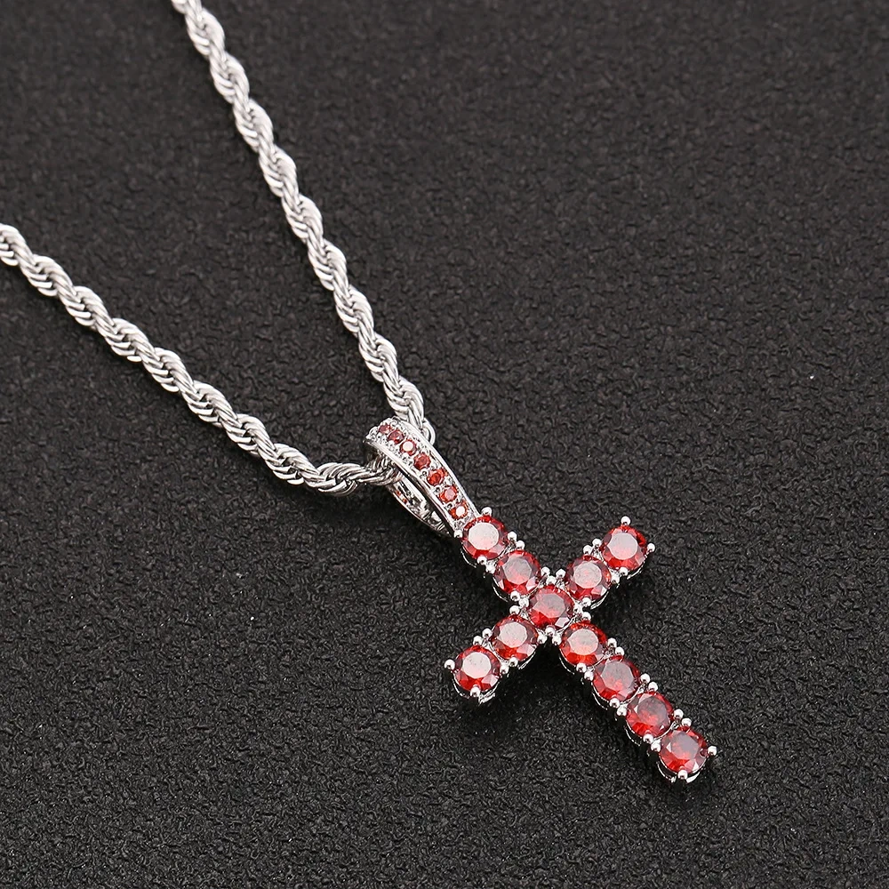 ESKEEM 18K Gold Silver Iced Out Diamond Cross Pendant Red Color Zircon Hip Hop Fine Cross Pendants for Men & Women