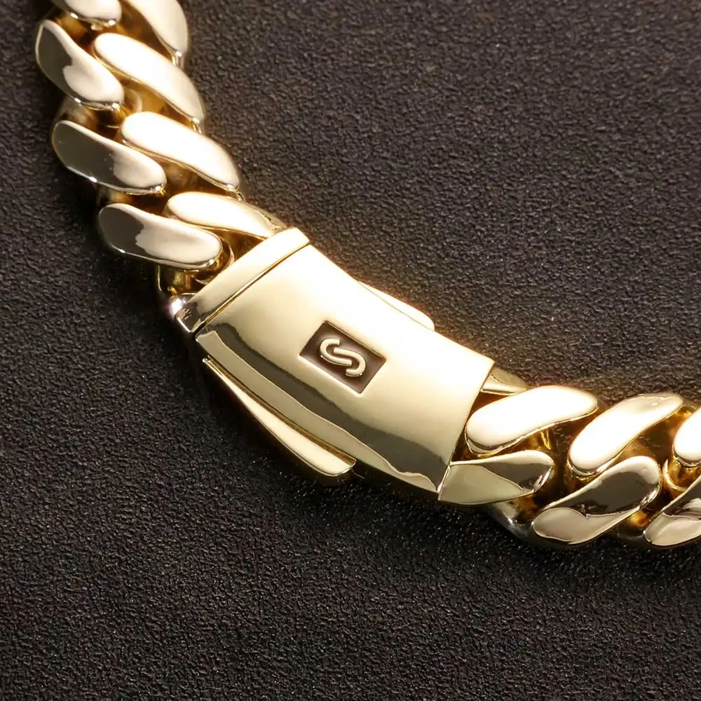 ESKEEM 20MM Monaco Bracelet Hip Hop Jewelry 14K Gold Plated Smooth Lock Bracelet Heavy Miami Cuban Chain for Men Women