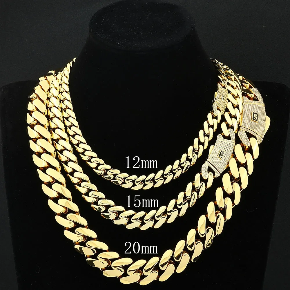 ESKEEM Iced Diamond Clasp Flat 12mm Miami Cuban Link Chain 14K Gold Plated Thick Solid Cuban Link Chain Hip Hop Jewelry for Men