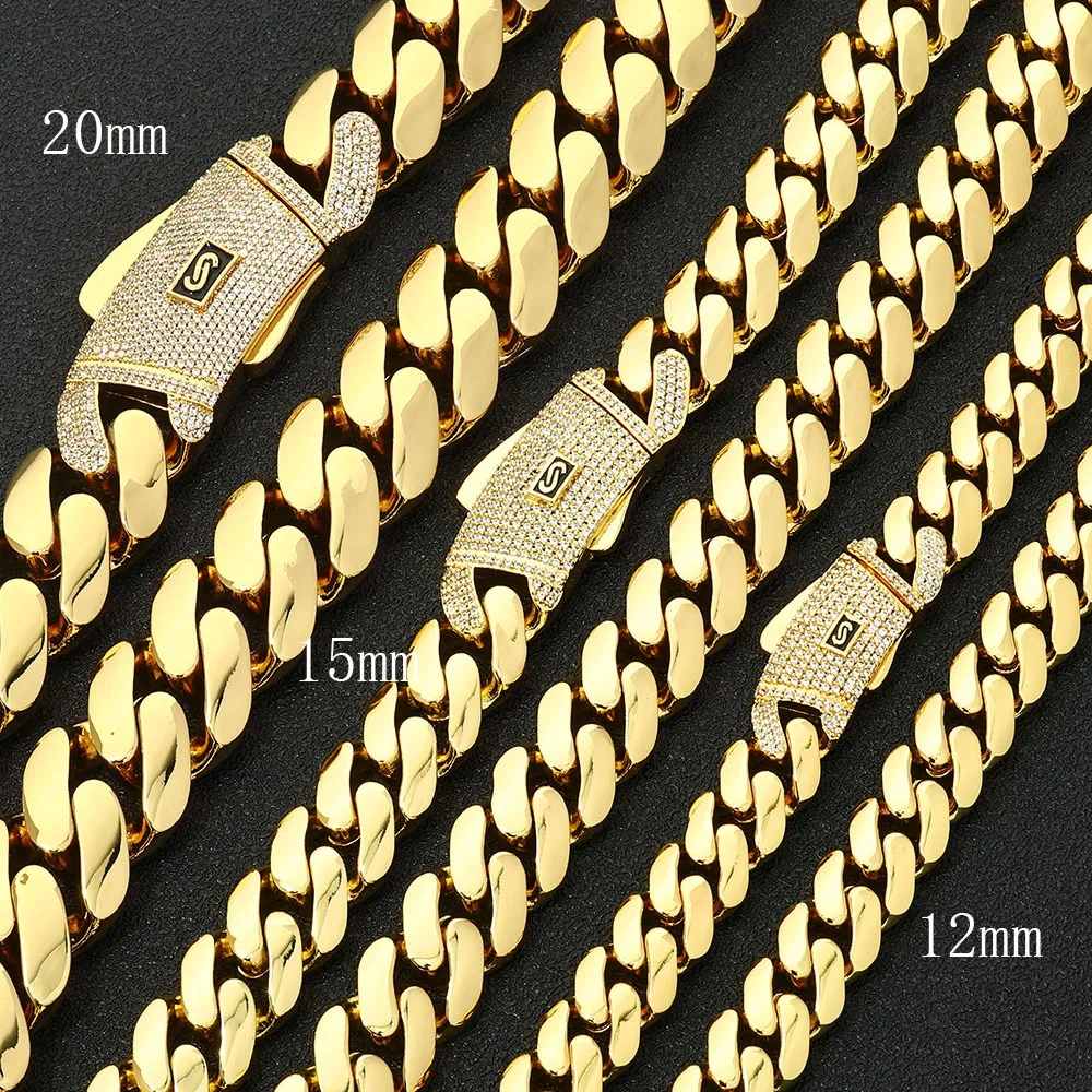 ESKEEM 15mm Real 14K Gold Plated Monaco Chain Heavy Thick Solid Brass Cuban Link Necklace Hip Hop Jewelry for Men