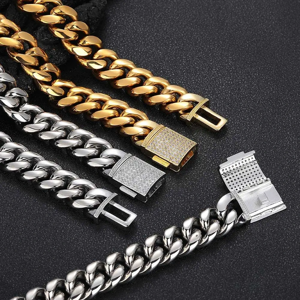 18Mm 5A CZ Iced Out Lock Miami Stainless Steel Thick Heavy PVD Plated Cuban Link Chain Punk For Men Hip Hop Jewelry