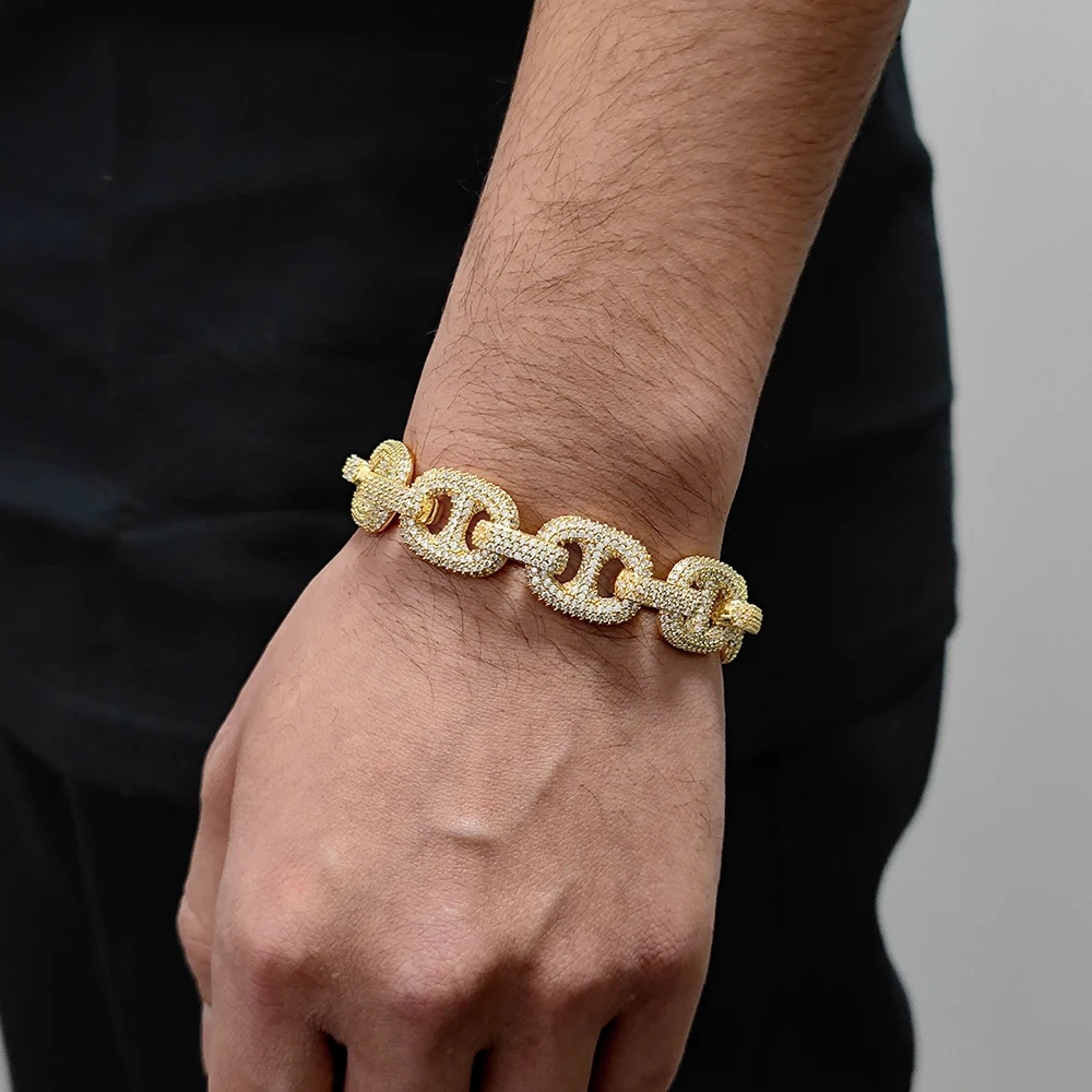 Iced Out Pig Nose Bubble Bracelet Shiny Zircon 16mm Cuban Link Bracelet Silver Plated Brass Hip Hop Jewelry for Men and Women