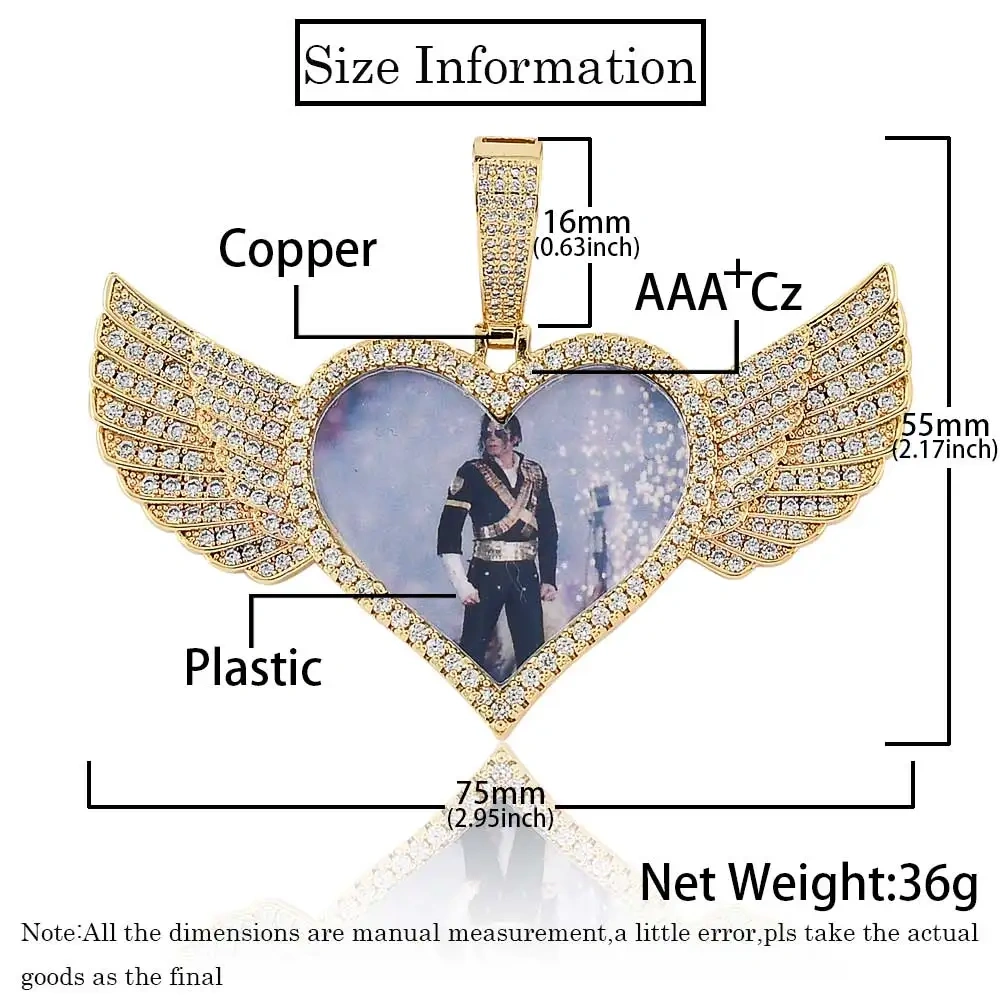 Customized Heart Photo Necklace Men and Women Hip Hop Personalized Wing heart Picture Pendant Iced Charm Free Custom Logo
