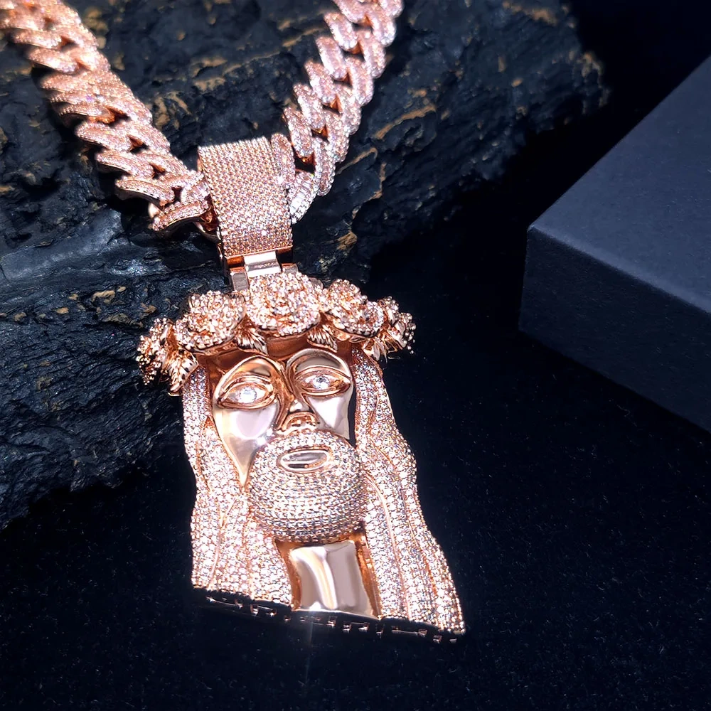 Hip Hop Fine Rose Gold Iced Cuban Chain with Jesus Pendant Jewelry Two Tone Jesus Religious Christian Pendant Necklace Gift