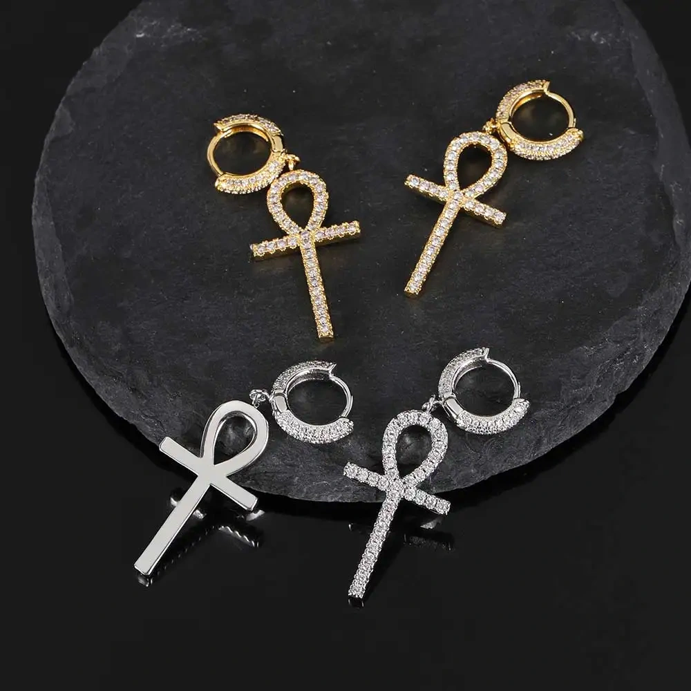 Drop Shipping Hip Hop Thick Hoop Earrings Bling Ice Out Cross CZ Zircon Plated Stud Lightning Earrings For Women Jewelry