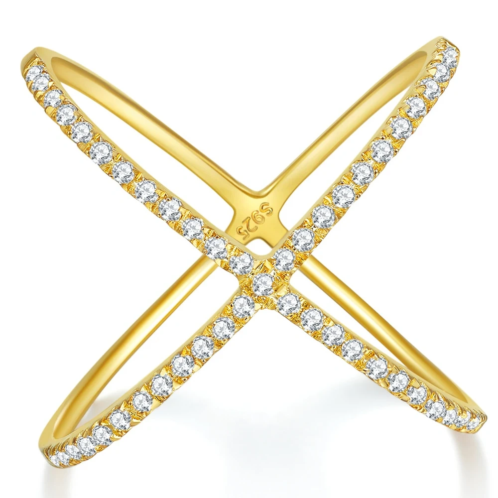 ESKEEM S925 Sterling Silver X Crossover Moissanite Ring Elegant Pave Setting 18K White Gold Plated Fashion Jewelry