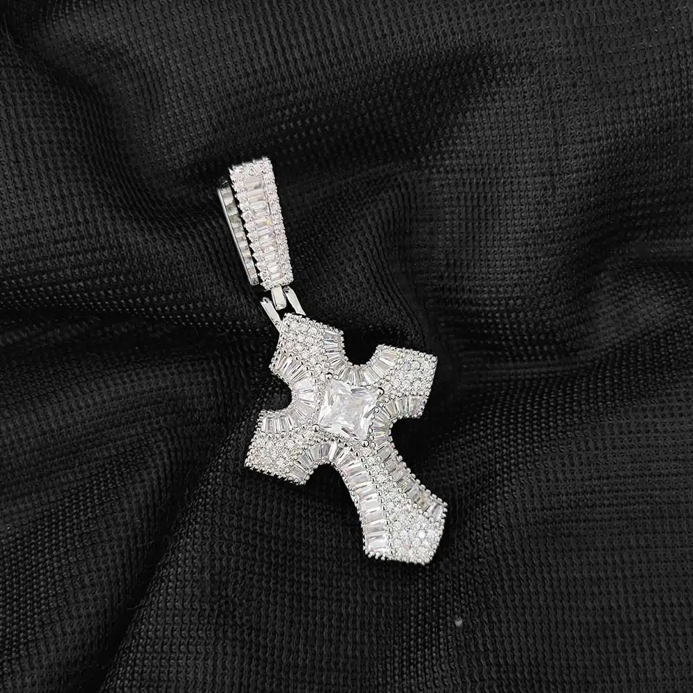 Wholesale Ice Rectangle Cross Pendant Necklace Mens Hip Hop Jewelry Bling CZ Mens Cross Charm Necklace Party Gift