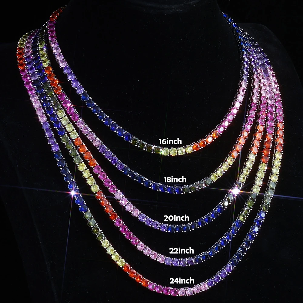 New 5mm Iced Out Bling Rainbow Colorful Cubic Zirconia CZ Tennis Chain Women Men Charm Choker Necklace Jewelry Gift
