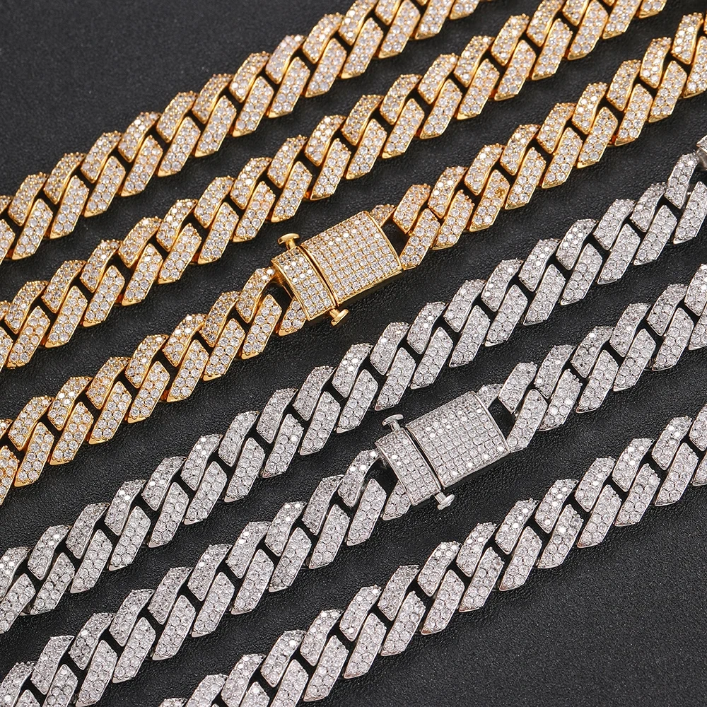 Hip Hop Jewelry 15MM Double-Row Iced Out Chain Necklaces Women 18K Gold/White Gold Plating Miami Prong Cuban Chain Necklace
