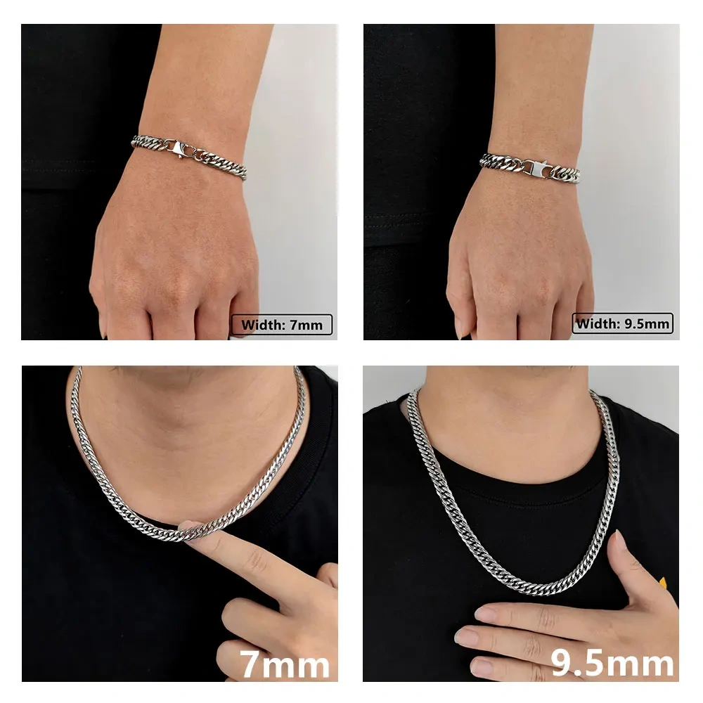Hip Hop Jewelry 7/9.5MM Width Stainless Steel Miami 6 Side Cowboy clasp Cuban Chain Necklace 16-26"
