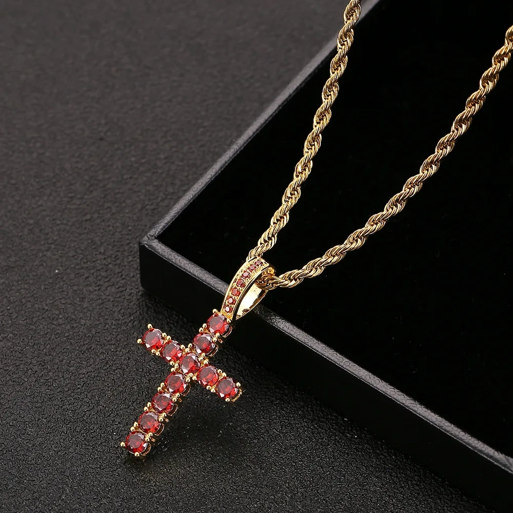 ESKEEM 18K Gold Silver Iced Out Diamond Cross Pendant Red Color Zircon Hip Hop Fine Cross Pendants for Men & Women