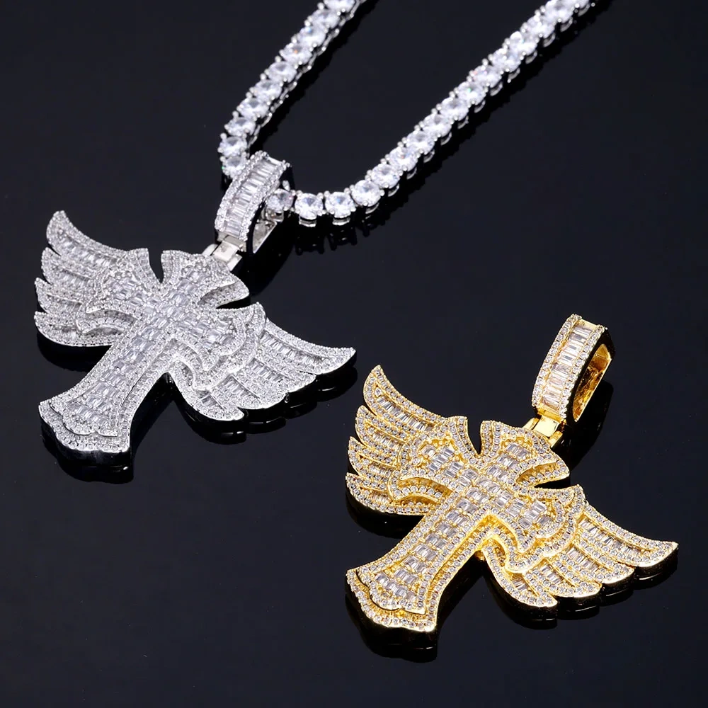 ESKEEM Angel Wings Cross with Diamond Pendant Fashion Personalized Trendy 5A Cubic Zirconia CZ Cross Necklace Hip Hop Jewelry