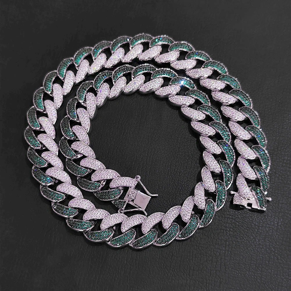 Fashion Hip Hop 18mm 3 Rows Iced Out Two Color Diamond Plated White Gold Miami Cuban Chunky Link Chain Necklace ﻿